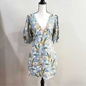 Amalie the Label x Showpo Linen Mini Dress Size 10 Floral Puff Sleeve Open Back